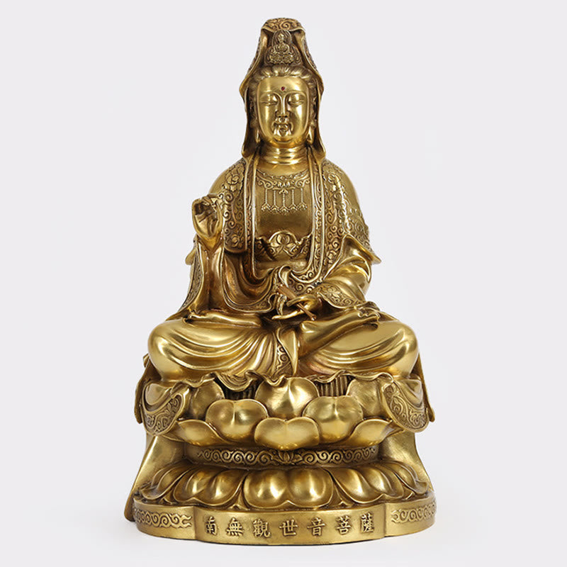 Kwan Yin Wealth Brass Statue – left side profile detail, spiritual altar sculpture