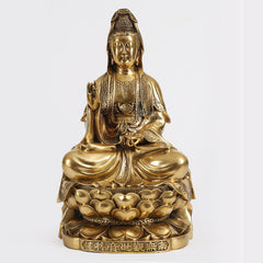 Kwan Yin Wealth Brass Statue – crown halo detail dark bg, sacred Buddhist ornament