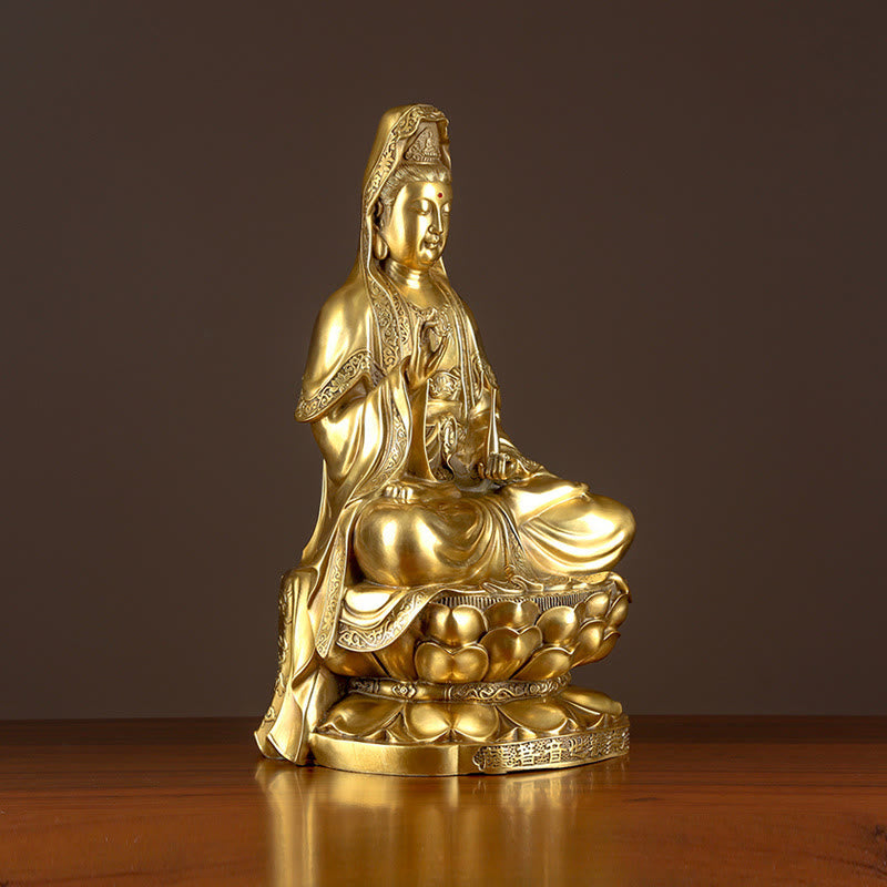 Kwan Yin Wealth Brass Statue – lotus throne base texture, zen shrine decor
