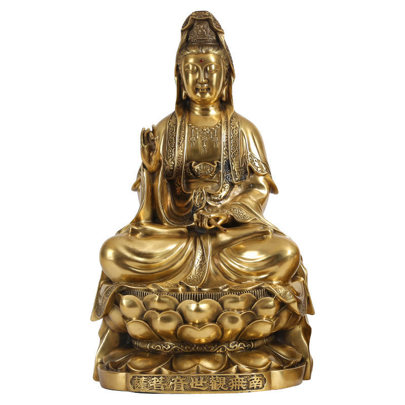 Kwan Yin Wealth Brass Statue – headdress ornament detail, brass meditation sculpture
