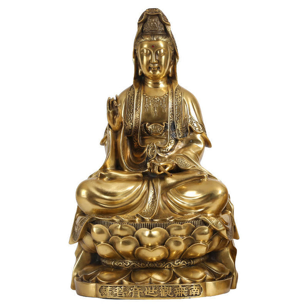 Kwan Yin Wealth Brass Statue – headdress ornament detail, brass meditation sculpture