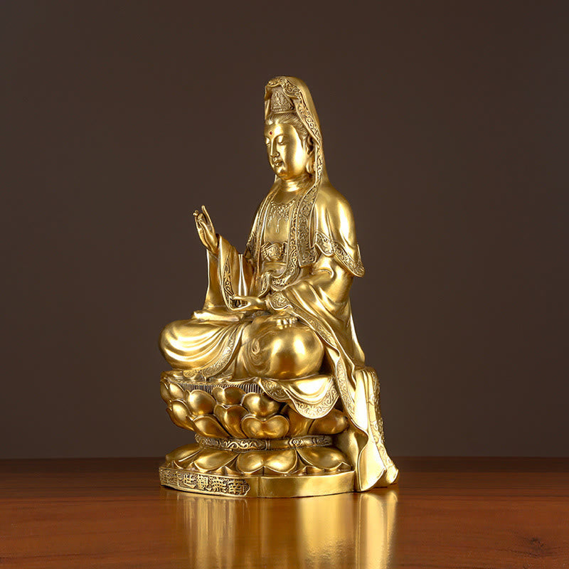 Kwan Yin Wealth Brass Statue – vase mudra hand close-up, brass devotional art piece