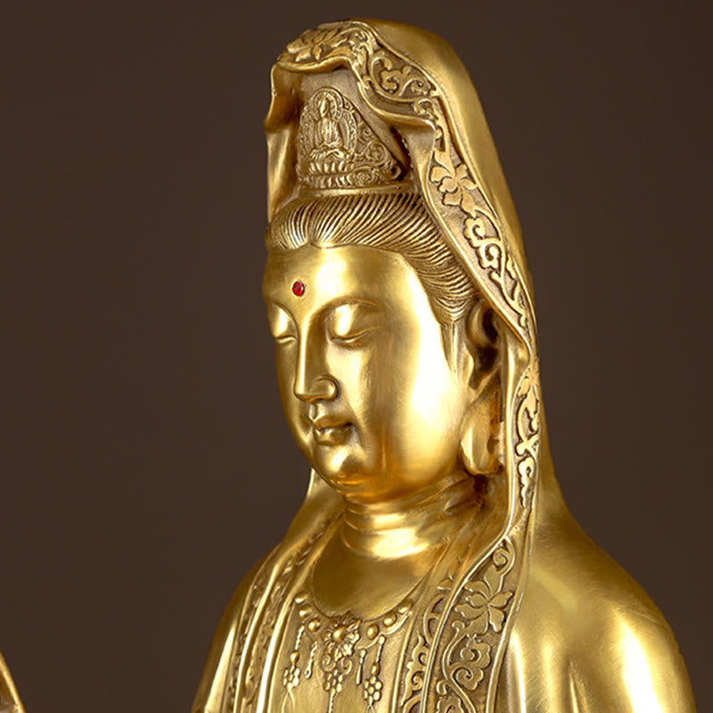 Kwan Yin Wealth Brass Statue – three-quarter angle view, Buddhist altar centerpiece