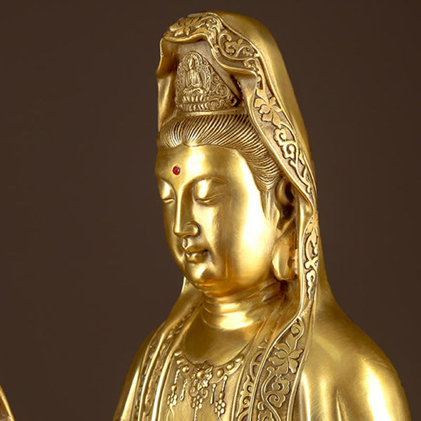 Kwan Yin Wealth Brass Statue – three-quarter angle view, Buddhist altar centerpiece