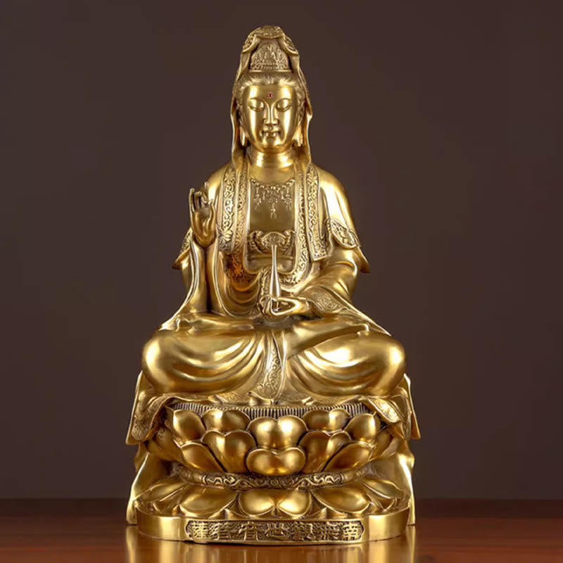Kwan Yin Wealth Brass Statue – back view robe detail, copper sanctuary accent