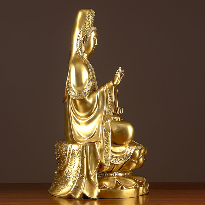Kwan Yin Wealth Brass Statue – robe fold drapery detail, handmade divine craft