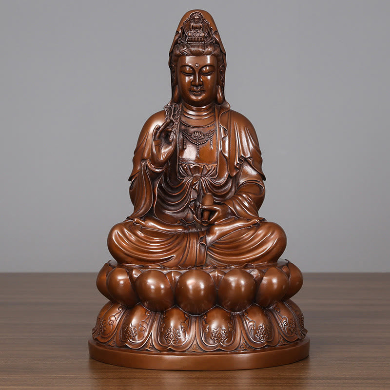 Kwan Yin Lotus Wealth Statue – serene face close-up, copper bodhisattva craftsmanship