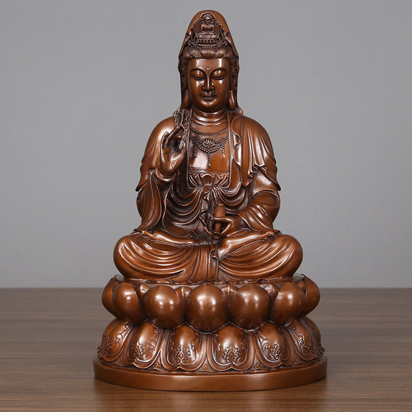 Kwan Yin Lotus Wealth Statue – serene face close-up, copper bodhisattva craftsmanship
