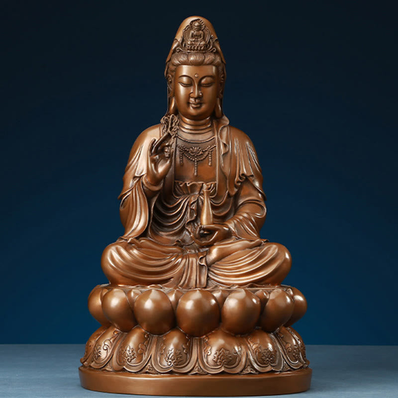 Kwan Yin Lotus Wealth Statue – front view copper tone blue bg, brass Buddhist home decor