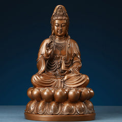 Kwan Yin Lotus Wealth Statue – front view copper tone blue bg, brass Buddhist home decor