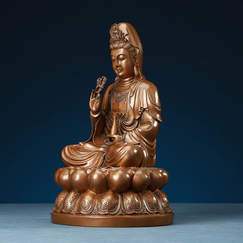 Kwan Yin Lotus Wealth Statue – seated lotus posture, zen temple devotional figure