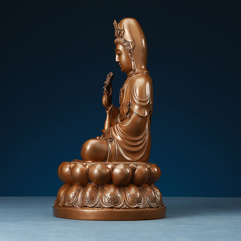 Kwan Yin Lotus Wealth Statue – base petal engraving, brass temple ornament