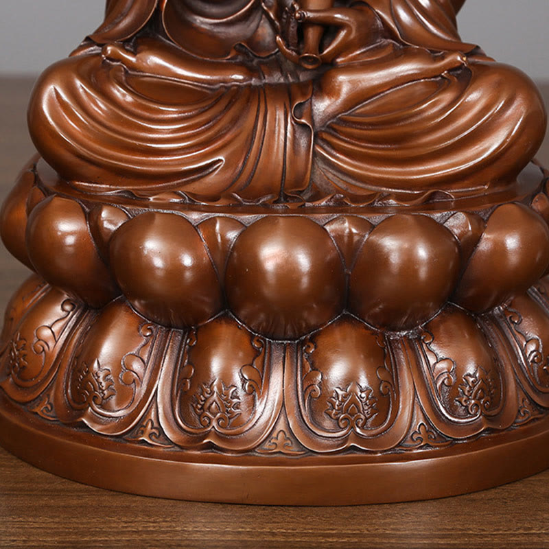 Kwan Yin Lotus Wealth Statue – crown headdress close-up, brass meditation sculpture