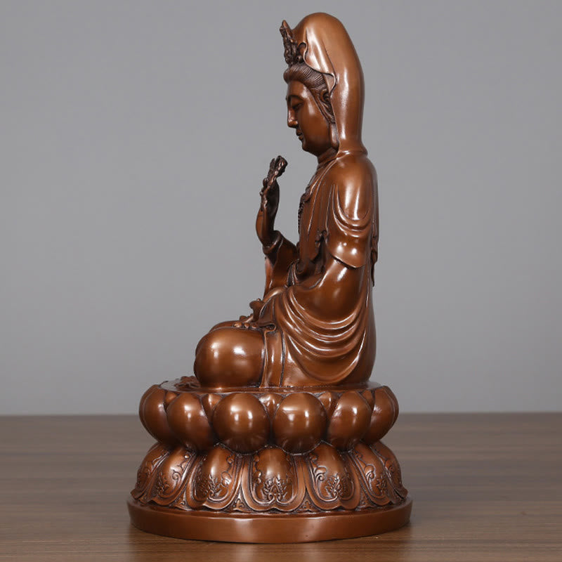 Kwan Yin Lotus Wealth Statue – full body blue backdrop, copper enlightenment statue