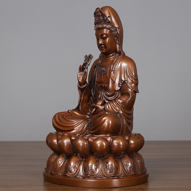 Kwan Yin Lotus Wealth Statue – side blue light glow, brass serenity art piece