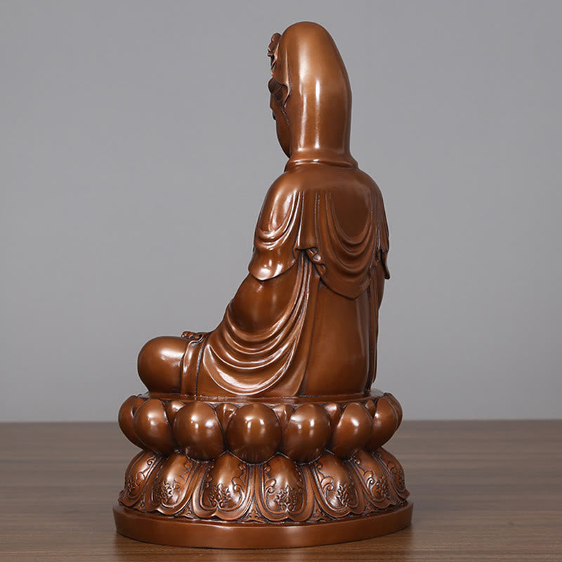Kwan Yin Lotus Wealth Statue – robe drapery fold detail, handmade divine craft