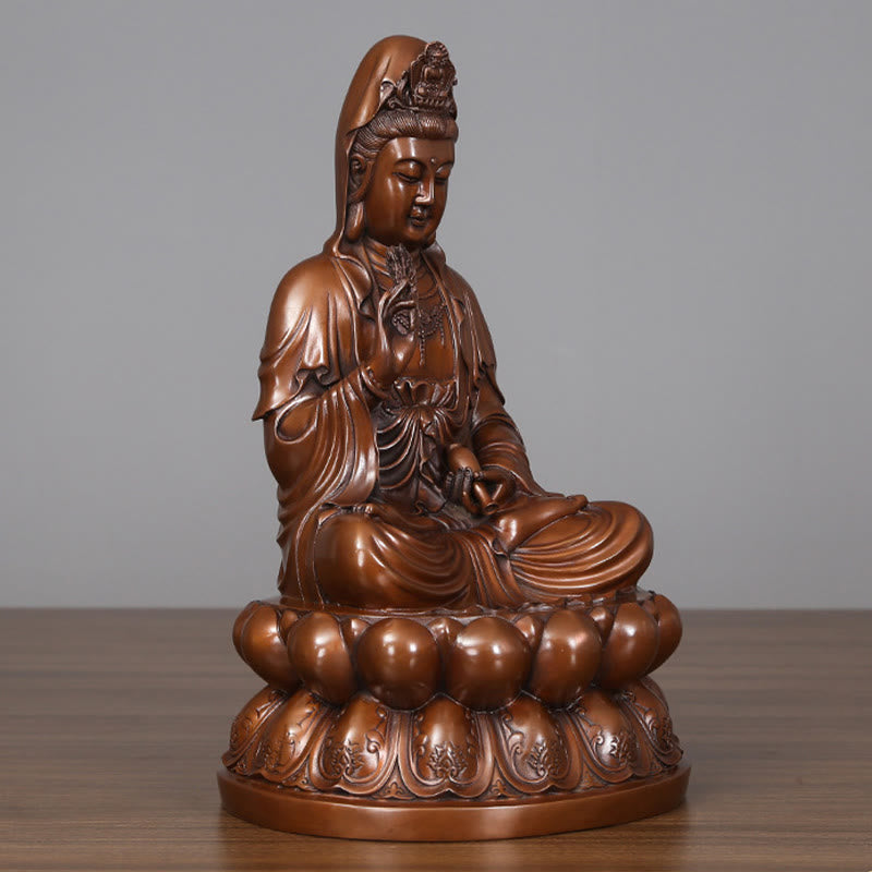 Kwan Yin Lotus Wealth Statue – vase holding hand mudra, brass devotional art piece