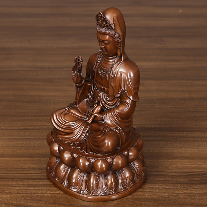 Kwan Yin Lotus Wealth Statue – copper patina surface, copper Buddhist interior decor
