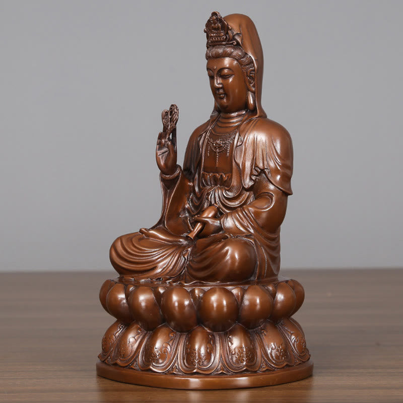 Kwan Yin Lotus Wealth Statue – three-quarter angle view, Buddhist altar centerpiece