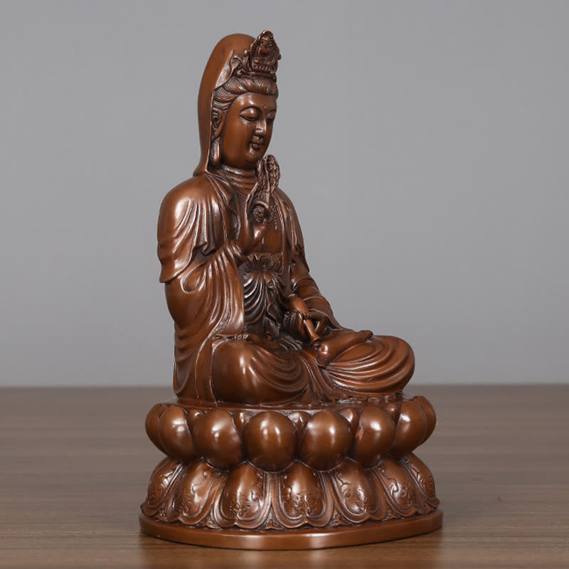 Kwan Yin Lotus Wealth Statue – chest jewelry detail, copper deity figurine