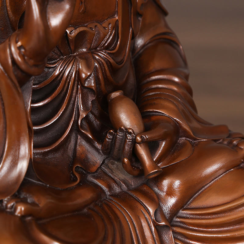 Kwan Yin Lotus Wealth Statue – back view robe detail, copper sanctuary accent