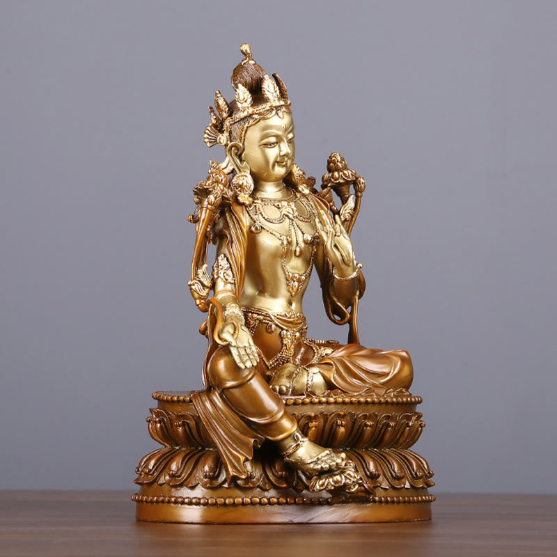 Green Tara Protection Statue – left side ornate crown profile, spiritual altar sculpture