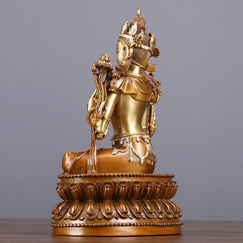 Green Tara Protection Statue – serene face close-up, copper bodhisattva craftsmanship