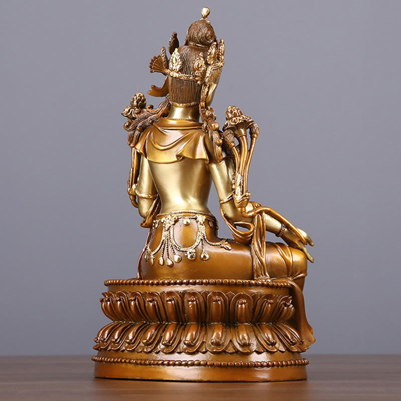 Green Tara Protection Statue – back view robe detail, copper sanctuary accent