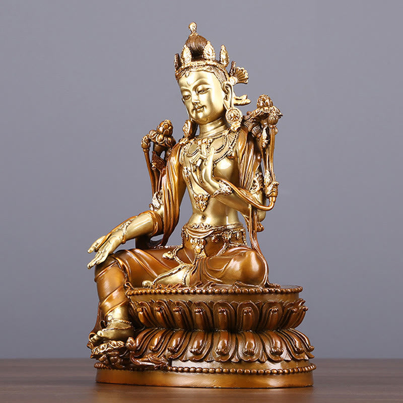 Green Tara Protection Statue – crown and tiara detail, sacred Buddhist ornament