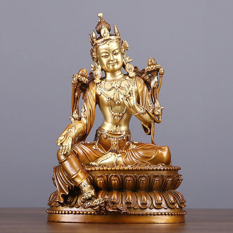 Green Tara Protection Statue – front view half lotus posture, brass Buddhist home decor