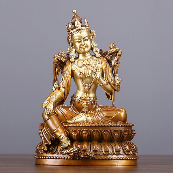 Green Tara Protection Statue – front view half lotus posture, brass Buddhist home decor