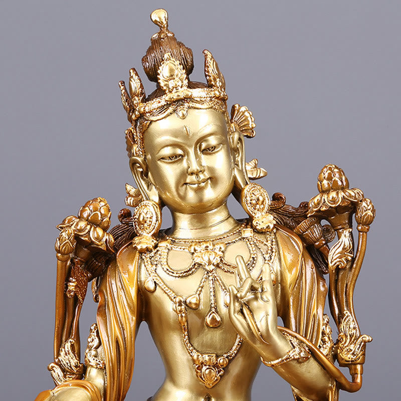 Green Tara Protection Statue – mudra hand gesture close-up, brass devotional art piece