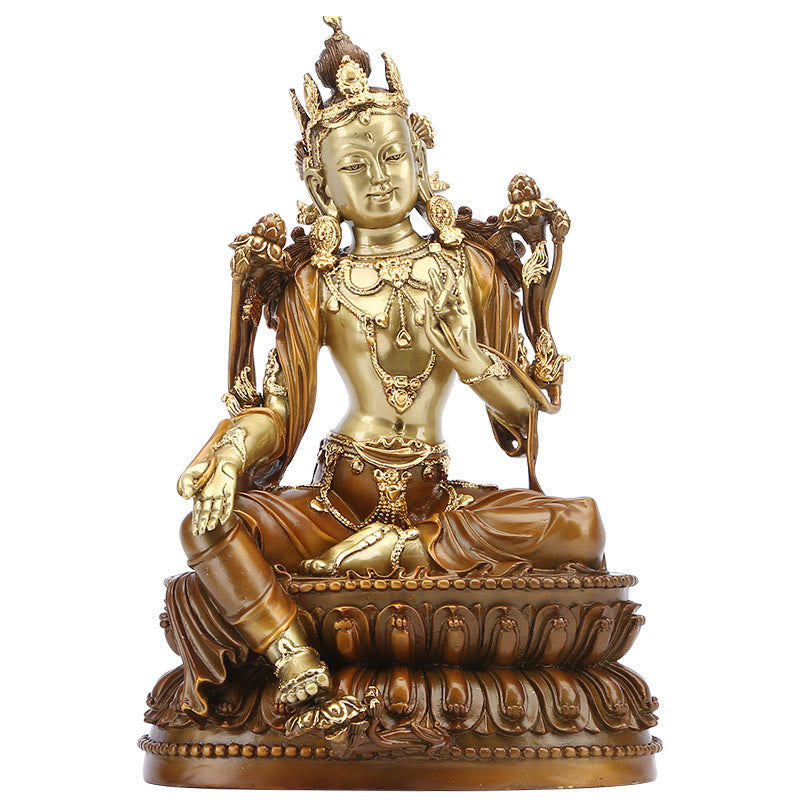 Green Tara Protection Statue – headdress jewel detail, brass meditation sculpture