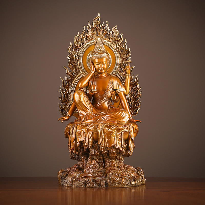 Kwan Yin Success Altar Statue – front view seated on rock lotus, brass Buddhist home decor