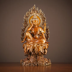 Kwan Yin Success Altar Statue – front view seated on rock lotus, brass Buddhist home decor
