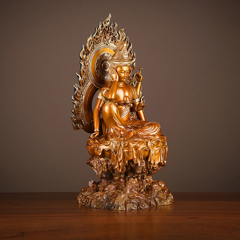 Kwan Yin Success Altar Statue – left side flame mandorla profile, spiritual altar sculpture