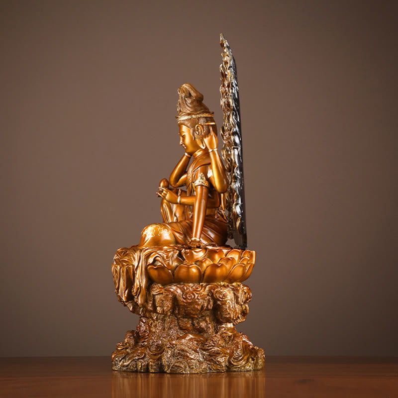 Kwan Yin Success Altar Statue – jewel holding hand close-up, brass devotional art piece