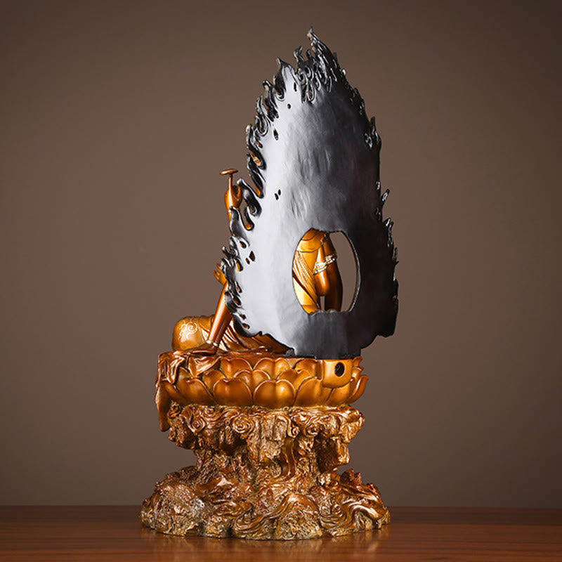 Kwan Yin Success Altar Statue – flame mandorla carving detail, sacred Buddhist ornament
