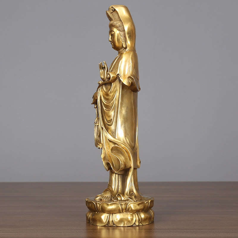 Standing Kwan Yin Wealth Statue – ruyi scepter hand close-up, brass devotional art piece