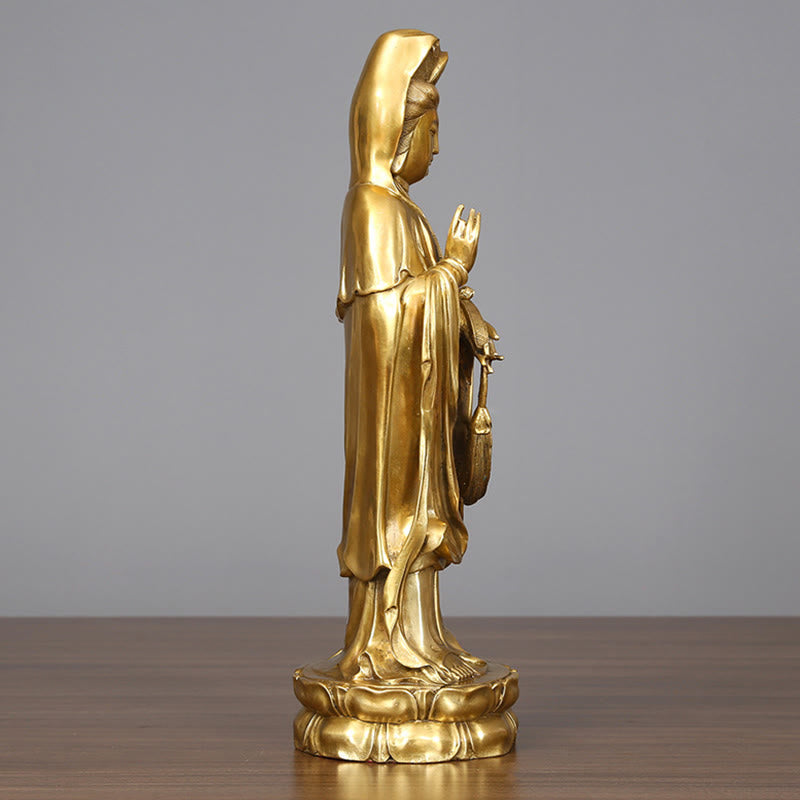 Standing Kwan Yin Wealth Statue – serene face close-up, copper bodhisattva craftsmanship
