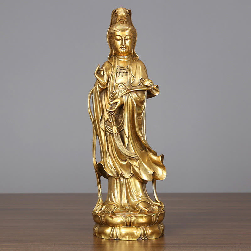 Standing Kwan Yin Wealth Statue – front view no halo on wood, brass Buddhist home decor
