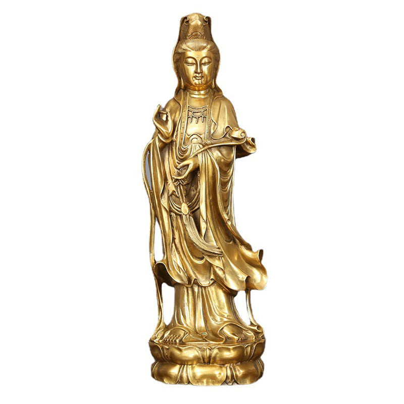 Standing Kwan Yin Wealth Statue – back view robe detail, copper sanctuary accent