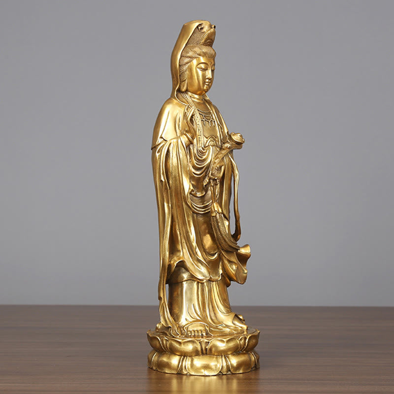 Standing Kwan Yin Wealth Statue – left profile flowing robes, spiritual altar sculpture