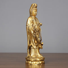 Standing Kwan Yin Wealth Statue – left profile flowing robes, spiritual altar sculpture