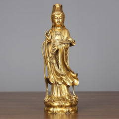 Standing Kwan Yin Wealth Statue – front view no halo on wood, brass Buddhist home decor