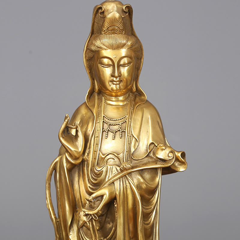 Standing Kwan Yin Wealth Statue – full body gray backdrop, copper enlightenment statue