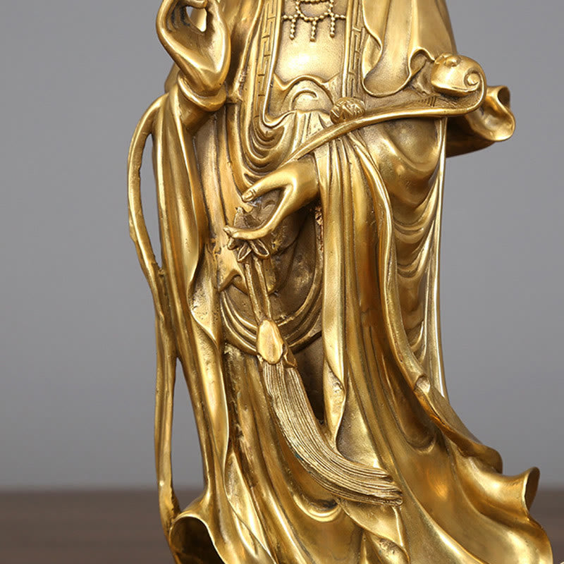 Standing Kwan Yin Wealth Statue – robe fold drapery detail, handmade divine craft