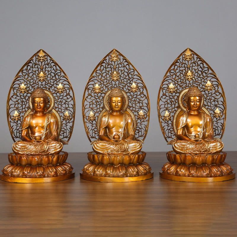 Sakyamuni Amitabha Buddha Statue – three seated Buddhas front view, brass Buddhist decor