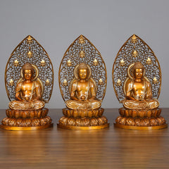 Sakyamuni Amitabha Buddha Statue – three seated Buddhas front view, brass Buddhist decor