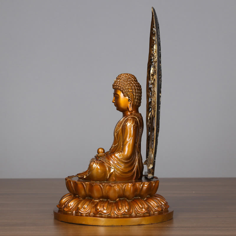 Sakyamuni Amitabha Buddha Statue – full trio against backdrop, copper enlightenment statue